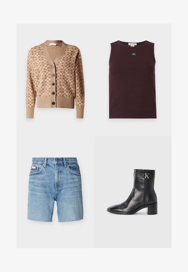 Beige Cardigan mit einem braunen kreisförmigen Muster, V-Ausschnitt-Design und sechs dunklen Knöpfen. Verfügt über gerippte Bündchen und Saum. Weicher, strukturiert Stoff.; Bordeauxrotes ärmelloses Oberteil aus Rippenstoff mit einem schwarzen Logopatch, rundem Ausschnitt und figurnahem Schnitt. Glatte Textur und sauberer Abschluss.; Hellblaue Jeansshorts mit Knopf- und Reißverschluss, Gürtelschlaufen, Vordertaschen und einem kleinen Markenlabel auf der linken Tasche.; Schwarze Leder-Ankle Boots mit spitzem Zehenbereich, Blockabsatz und einem Riemen mit einem metallischen Logodetail. Glatte Textur und minimales Design.