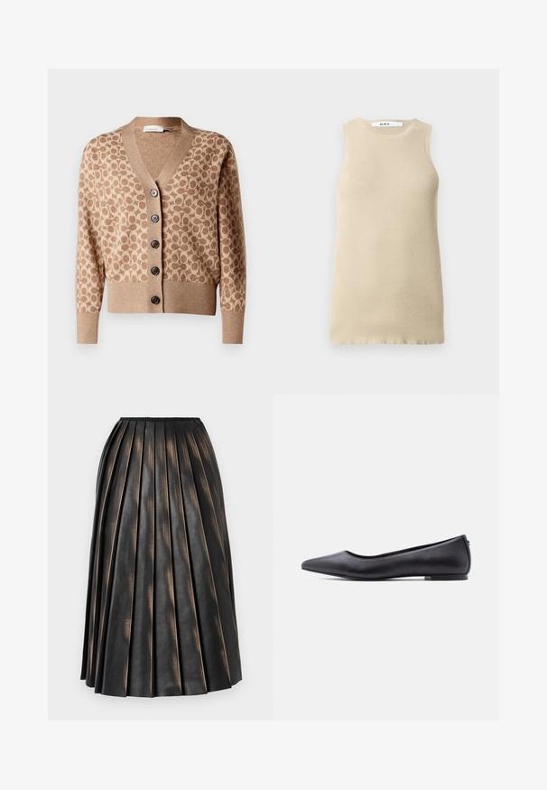 Beige Cardigan mit einem braunen kreisförmigen Muster, V-Ausschnitt-Design und sechs dunklen Knöpfen. Verfügt über gerippte Bündchen und Saum. Weicher, strukturiert Stoff.; Beige gestreiftes ärmelloses Oberteil mit Rundhalsausschnitt, das eine figurbetonte Passform und eine glatte Textur aufweist, ideal zum Layering oder bei warmem Wetter.; Schwarzer, plissierter Midirock mit leicht glänzendem, strukturiertem Finish und kleinem Logo nahe dem Bund.; Schwarzer flacher Lederschuh mit spitzer Kappe und niedrigem Absatz, seitlich vor weißem Hintergrund gezeigt.
