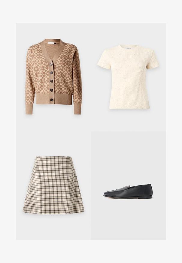 Beige cardigan met een bruin cirkelpatroon, v-hals ontwerp en zes donkere knopen. Heeft ribgebreide manchetten en zoom. Zacht, textuur stof.; Roomkleurig T-shirt met korte mouwen en een geribbelde textuur, met subtiele vlekjes door het hele shirt. Klassieke ronde halslijn en een aansluitend ontwerp.; Beige en zwart geruite A-lijn minirok met een hoge taille en subtiele textuur in de stof.; Zwarte leren loafers met een gladde textuur, een afgeronde neus en subtiele stiksel details. Voorzien van een gouden logomerk aan de bovenzijde.