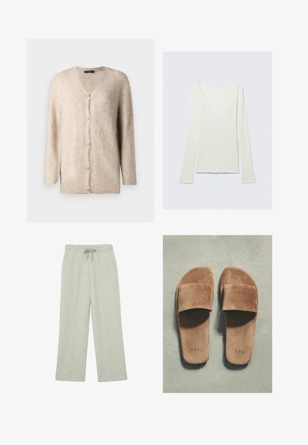 Gilet beige clair fabriqué en tissu doux et duveteux. Il présente un col en V, des manches longues et six boutons dorés décoratifs sur le devant.; Haut blanc à manches longues ajustées avec un profond décolleté en V et des manches légèrement évasées, présenté sur un fond gris clair uni.; Pantalon de survêtement gris clair à jambes larges avec taille élastique, cordon de serrage, poches avant et coutures verticales discrètes le long des jambes.; Paire de sandales marron en suède à enfiler avec larges brides et semelles plates sur une surface texturée gris clair.