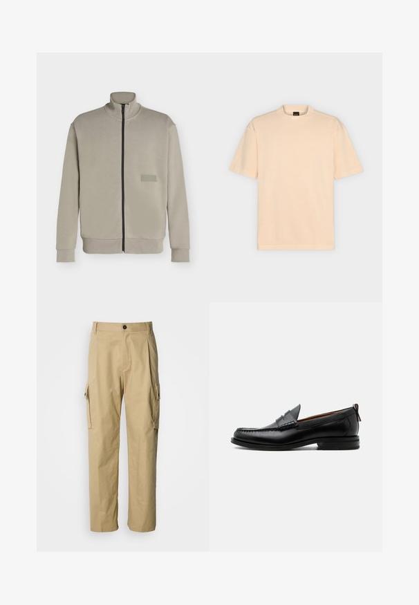 Veste beige à fermeture éclair avec col montant, manches longues et petit patch logo rectangulaire sur la poitrine gauche indiquant "BOSS".; T-shirt beige uni à manches courtes avec col rond et étiquette BOSS à l'intérieur du col arrière, présenté sur un fond gris clair.; Pantalon cargo beige en tissu résistant, avec une coupe décontractée, des poches latérales et une fermeture par bouton à la taille.; Mocassin homme en cuir noir avec couture moc toe, bride penny, col texturé et petit talon empilé sur fond blanc.