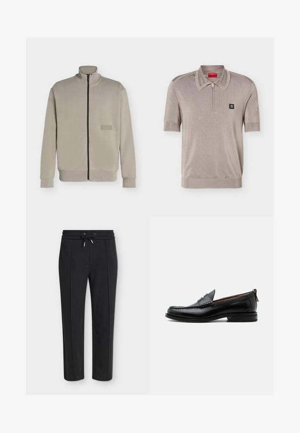 Veste beige à fermeture éclair avec col montant, manches longues et petit patch logo rectangulaire sur la poitrine gauche indiquant "BOSS".; Polo à manches courtes brun clair avec un col zippé et un logo Hugo noir en forme de carré sur la poitrine gauche.; Pantalon noir fuselé avec une taille élastique et un cordon, présentant une subtile texture côtelée verticale.; Mocassin homme en cuir noir avec couture moc toe, bride penny, col texturé et petit talon empilé sur fond blanc.