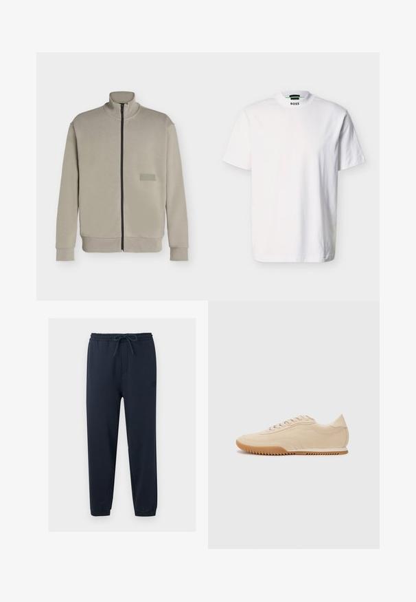 Veste beige à fermeture éclair avec col montant, manches longues et petit patch logo rectangulaire sur la poitrine gauche indiquant "BOSS".; T-shirt blanc à manches courtes en coton, avec un col rond et un logo de la marque imprimé au niveau du col. Texture lisse, design basique.; Pantalon de jogging bleu marine avec ceinture élastique, cordon de serrage ajustable, jambes fuselées et ourlets retroussés.; Baskets en daim beige au design épuré, présentant une tige texturée, un bout rond et une semelle en caoutchouc avec un motif en zigzag.