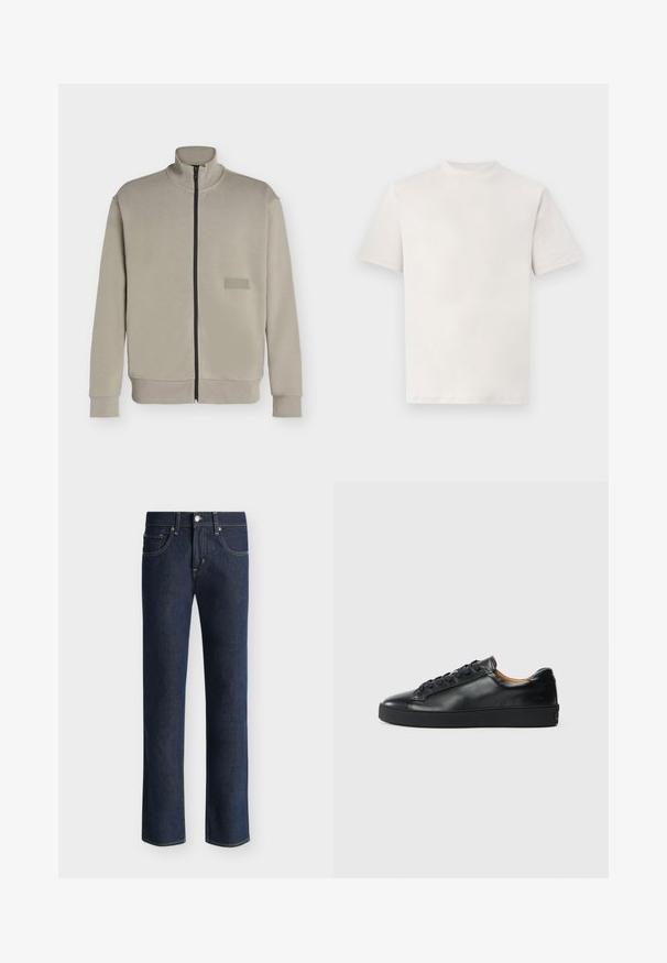 Veste beige à fermeture éclair avec col montant, manches longues et petit patch logo rectangulaire sur la poitrine gauche indiquant "BOSS".; T-shirt blanc uni à manches courtes et col rond, présenté à plat sur un fond blanc.; Jean droit bleu foncé avec bouton et fermeture éclair à l'avant, passants de ceinture et design à cinq poches sur un fond clair uni.; Baskets en cuir noir avec une texture lisse, bout rond et fermeture à lacets. Comprend une semelle en caoutchouc épaisse et un minimum de détails de marque.