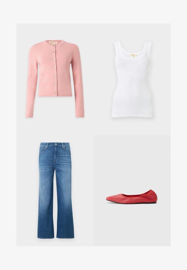 Cardigan rose clair à manches longues avec col rond et sept boutons beiges sur le devant, présenté sur un fond uni.; Débardeur blanc côtelé sans manches avec encolure dégagée, présenté à plat sur un fond clair.; Jean large en denim bleu clair. Caractéristiques : taille haute, fermeture par bouton et surpiqûres contrastantes. Texture lisse avec légère décoloration.; Filippa K REY FLATS - Ballerines - bright red