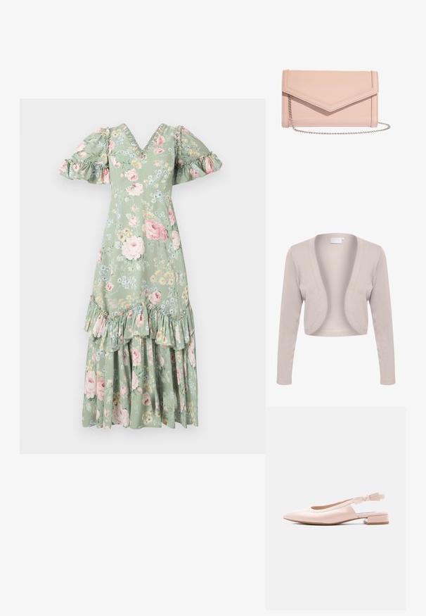 Cárdigan beige cortado con mangas largas, diseño de frente abierto, textura de canalé y tejido suave. Sin cierres ni patrones visibles.; Vestido maxi floral en verde suave con escote en V, mangas abullonadas, acentos con volantes y dobladillo en capas. Presenta rosas rosas y pequeñas flores azules.; Zapato plano de color rosa pálido brillante con talón bajo de bloque y correa ajustable con marca sobre fondo claro.; Bolso de mano tipo sobre en cuero color rosa rubor con correa de cadena plateada y detalles de costura limpios sobre fondo blanco.