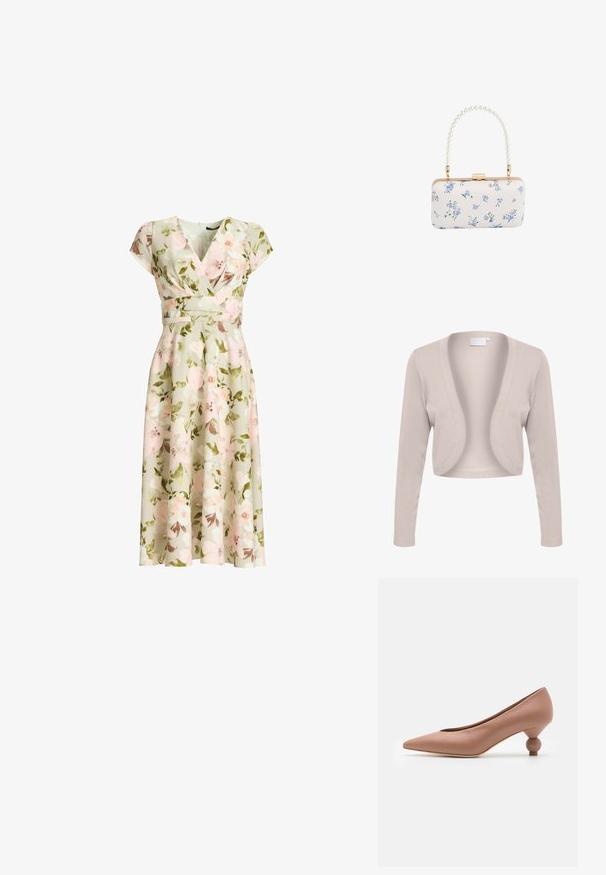 Cárdigan beige cortado con mangas largas, diseño de frente abierto, textura de canalé y tejido suave. Sin cierres ni patrones visibles.; Vestido cruzado verde con estampado floral, mangas tipo capa, cintura ajustada y falda midi en línea A con flores rosas y blancas y hojas verdes.; Weekend Max Mara RENZA - Tacones - nudo; Clutch rectangular blanca con patrón floral azul y asa con cuentas de perlas, herrajes en tono dorado y cierre con broche.