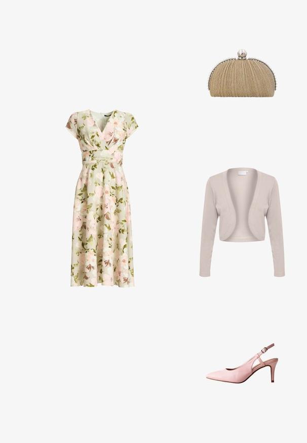 Cardigan beige court avec manches longues, design ouvert à l'avant, texture côtelée et tissu doux. Aucun système de fermeture ni motifs visibles.; Robe portefeuille verte à imprimé floral avec manches courtes, taille cintrée et jupe midi évasée présentant des fleurs roses et blanches ainsi que des feuilles vertes.; Escarpin slingback en cuir rose avec bout pointu, bride de cheville réglable et talon aiguille de hauteur moyenne.; Pochette en tissu doré avec texture plissée, cadre argenté et grande fermeture à perle avec de petites perles bordant les bords.