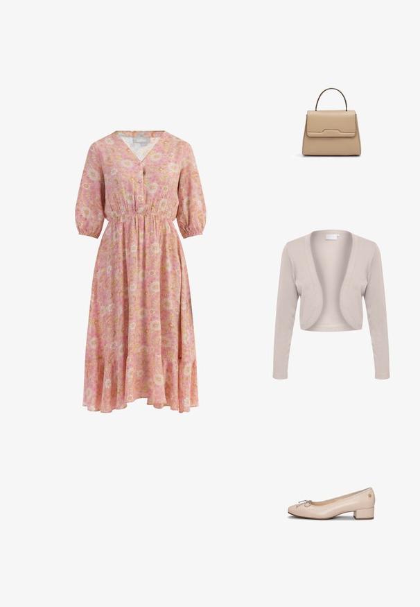 Cárdigan beige cortado con mangas largas, diseño de frente abierto, textura de canalé y tejido suave. Sin cierres ni patrones visibles.; Vestido midi floral en tonos rosa y amarillo, con escote en V, cierre de botones, cintura elastizada y mangas 3/4 con dobladillo acampanado.; Zapato femenino de cuero beige con tacón bajo, punta redondeada, detalle de lazo en la parte delantera y pequeño logo dorado cerca del talón.; Bolso de mano beige de cuero estructurado con asa superior y cierre de solapa frontal, sobre un fondo blanco.