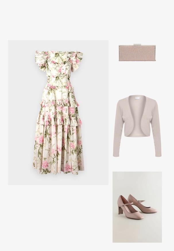 Cardigan beige court avec manches longues, design ouvert à l'avant, texture côtelée et tissu doux. Aucun système de fermeture ni motifs visibles.; Robe maxi florale avec des manches drapées hors des épaules, design en niveaux, fond crème, motif de roses roses et accents de feuillage vert.; Escarpins en cuir rose avec un bout pointu, un passepoil en dentelle le long de l'ouverture, et une large sangle de cheville avec une boucle métallique.; Pochette métallique rose gold avec une surface lisse, ornée de perles iridescentes, de forme rectangulaire et dotée d'une fermeture à clip en argent.