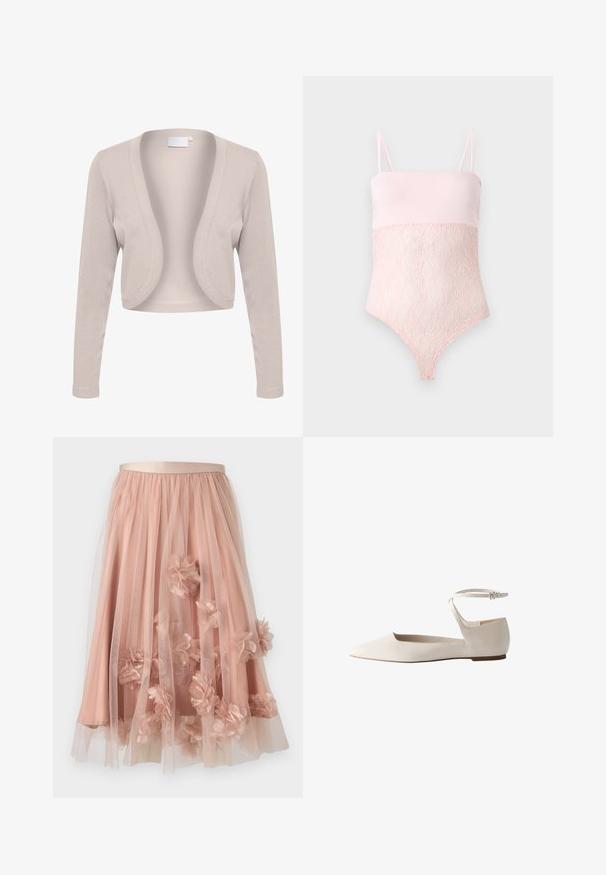 Cardigan beige court avec manches longues, design ouvert à l'avant, texture côtelée et tissu doux. Aucun système de fermeture ni motifs visibles.; Body en dentelle rose clair avec bretelles spaghetti et une partie supérieure lase sur un fond clair uni.; Jupe en tulle rose pâle avec une ceinture en satin. Comprend plusieurs couches de tissu transparent et des appliqués floraux en trois dimensions sur toute la surface.; Chaussure plate pour femme à bout pointu en cuir écru avec une bride à la cheville et une petite boucle, vue de profil.