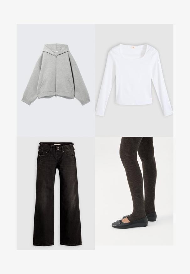 Light gray zip-up hoodie with a hood, long sleeves, and front pockets laid flat on a light background.; White long-sleeve t-shirt made of ribbed fabric, featuring a square neckline and fitted design, with a small logo tag on the side.; Black wide-leg jeans with a lightly faded finish, featuring front pockets, a zipper fly, and a button closure. Made from denim fabric.; Legs wearing dark ribbed leggings paired with black ballet flats featuring small bow details on a white background.