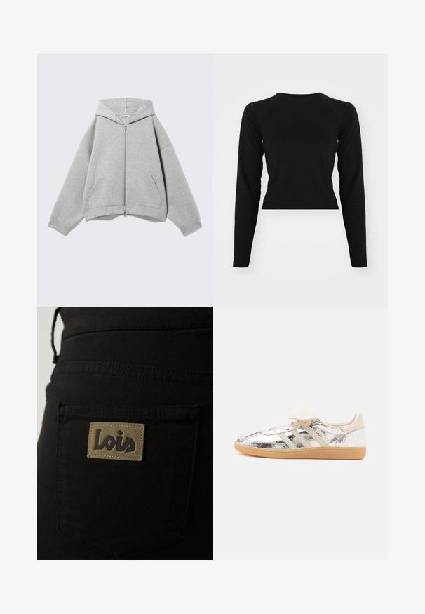 Lysegrå hættetrøje med lynlås, hætte, lange ærmer og forlommer lagt fladt på en lys baggrund.; Sort langærmet crop top med rund hals og raglanærmer. Glat tekstur, minimalistisk design og ingen synlige mønstre eller hardware.; Sorte stofbukser med en baglomme, der har et brunt mærke prægede med "Lois" i mørk skrift. Syningerne er synlige.; Lavtop sneaker med skinnende sølv overdel, beige tre striber, hvide snørebånd og lysebrun gummisål, vist i sidevisning på hvid baggrund.