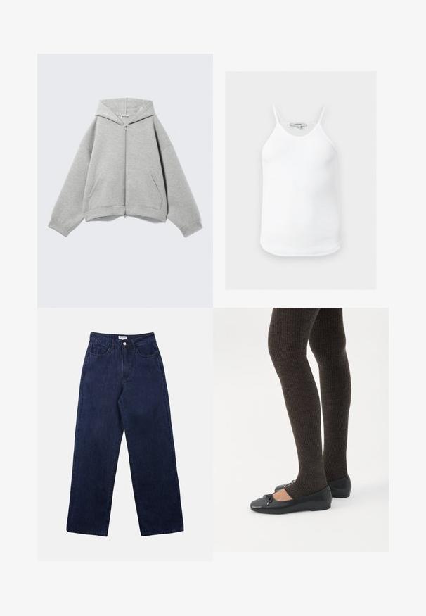 Lysegrå hættetrøje med lynlås, hætte, lange ærmer og forlommer lagt fladt på en lys baggrund.; Hvid ribbet ærmeløs tanktop med tynde stropper og afrundet kant, vist fladt mod en neutral baggrund.; Mørkeblå denimbukser med lige ben, der har en frontknaplukning, bæltestropper og to forlommer.; Ben iført mørke ribbede leggings kombineret med sorte balletsko med små sløjfedetaljer på hvid baggrund.