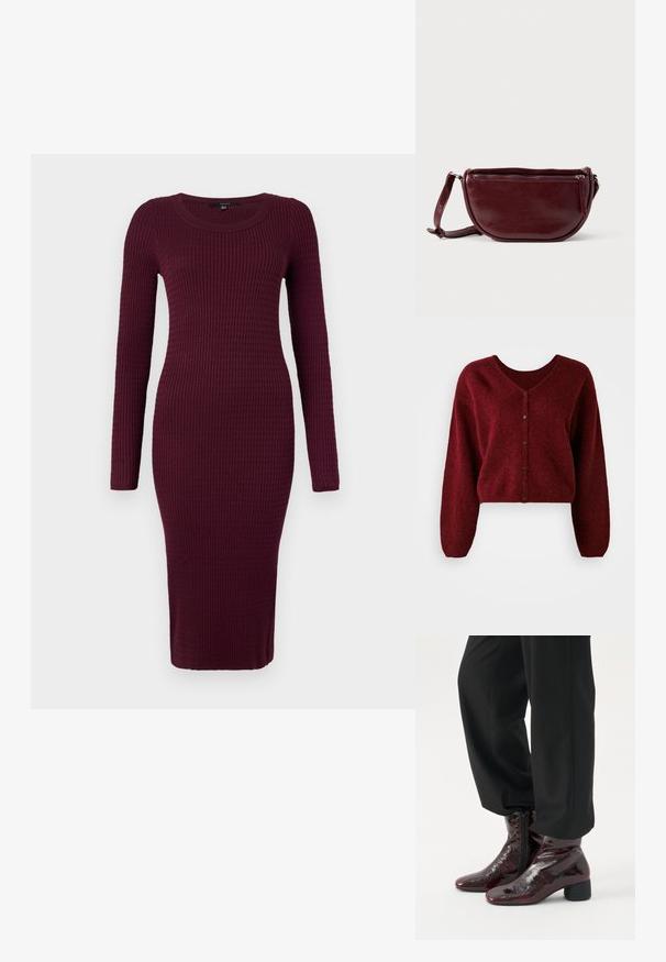 Geknipte bordeaux cardigan gemaakt van pluizig materiaal met een V-hals, knoopsluiting en lange, losse mouwen.; Vero Moda VMSILJE ONECK CABLE - Gebreide jurk - winetasting; Glanzende donker bordeauxkleurige enkellaarzen met zijritsen, gedragen met losse zwarte broeken tegen een effen achtergrond.; Dieprode lederen handtas met een halve-maansvorm, een ritssluiting en een afneembare riem. Gladde textuur met een subtiele glans.