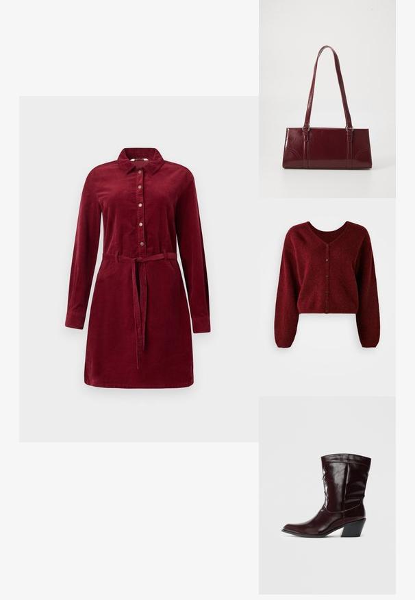 Geknipte bordeaux cardigan gemaakt van pluizig materiaal met een V-hals, knoopsluiting en lange, losse mouwen.; Bordeaux corduroy jurk met lange mouwen, knopen aan de voorkant, kraag en tailleband. Voorzien van zijknopen en een licht uitlopende rok.; Bordeaux leren enkellaarsjes met een spitse neus, textuur op het oppervlak en een taps toelopende lage hak. Heeft subtiele stiksels en een strakke pasvorm.; Bourgondische handtas van glanzend materiaal, rechthoekige vorm, met twee schouderbanden en subtiele gebogen accenten aan de voorkant.