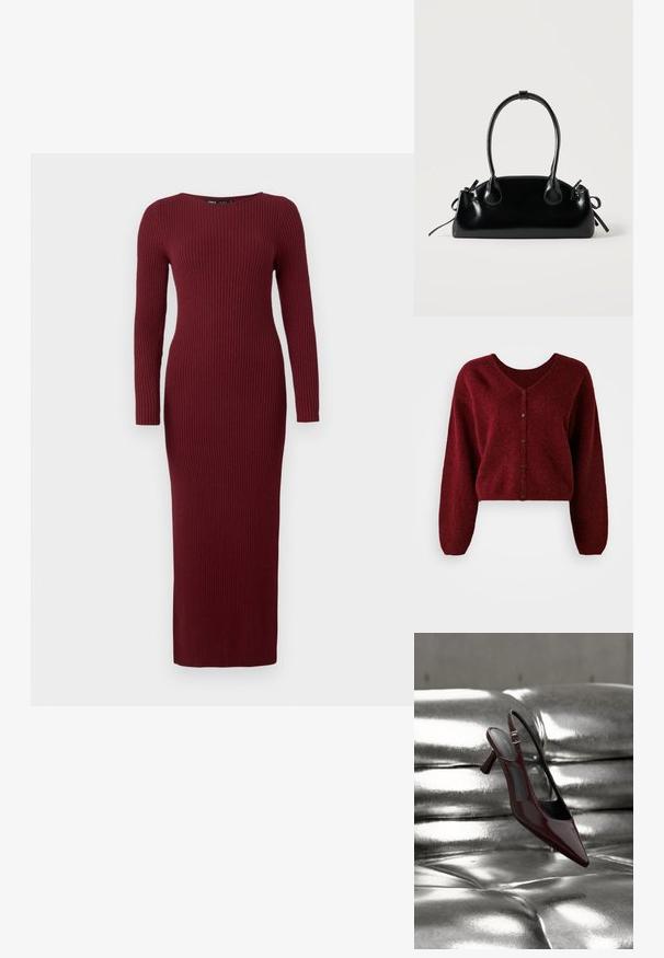 Geknipte bordeaux cardigan gemaakt van pluizig materiaal met een V-hals, knoopsluiting en lange, losse mouwen.; Bordeaux ribbelgebreide maxi-jurk met lange mouwen en een bootnek, met een aansluitende pasvorm en subtiele textuur overal.; Glanzende donkerrode slingback pumps met hoge hak en puntige neus, gepresenteerd op een glanzend zilveren, getuft leren oppervlak.; Kleine zwarte glanzende handtas met twee lange hengsels en zijkant trekkoord details op een effen lichte achtergrond.