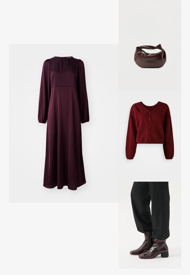Geknipte bordeaux cardigan gemaakt van pluizig materiaal met een V-hals, knoopsluiting en lange, losse mouwen.; Langermige, vloerlange jurk van diep burgundy stof. Gladde textuur, ronde halslijn, gathered mouwen en een rits aan de achterkant.; Glanzende donker bordeauxkleurige enkellaarzen met zijritsen, gedragen met losse zwarte broeken tegen een effen achtergrond.; Donkerbruine leren schoudertas met een zachte, slungelige vorm en een gedraaide knoopvormige handgreep op een effen witte achtergrond.