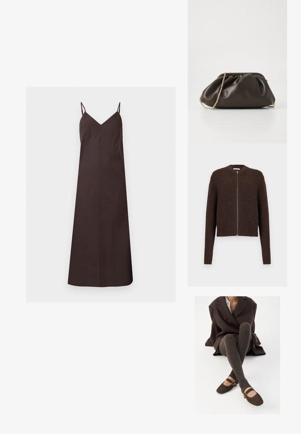 Cardigan zippé en tricot peluche marron foncé avec des manches longues et des bords côtes au niveau des poignets et de l'ourlet, présenté sur un fond clair uni.; Robe nuisette marron sans manches avec fines bretelles et décolleté en V, présentée sur un fond uni gris clair.; Des chaussettes marron côtelées jusqu'aux genoux associées à des ballerines en daim marron de type Mary Jane avec une sangle décorative et une boucle, portées avec un manteau sombre.; Sac à main en cuir marron avec un design froncé, une bandoulière en chaîne dorée et une finition douce et texturée. Sa forme compacte est idéale pour une utilisation en soirée.