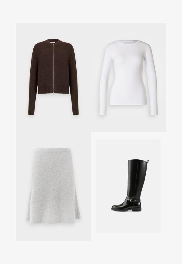 Cardigan zippé en tricot peluche marron foncé avec des manches longues et des bords côtes au niveau des poignets et de l'ourlet, présenté sur un fond clair uni.; Chemise blanche à manches longues en tissu côtelé, avec un col rond et une coupe cintrée. Aucun motif ni accent présent.; Jupe en tricot gris avec un design évasé, texture douce et taille confortable. Le tissu semble chaud et adapté à un usage décontracté.; Bottes noires montantes en cuir verni, avec un détail de boucle argentée à la cheville et une conception à bout arrondi. Semelle plate.