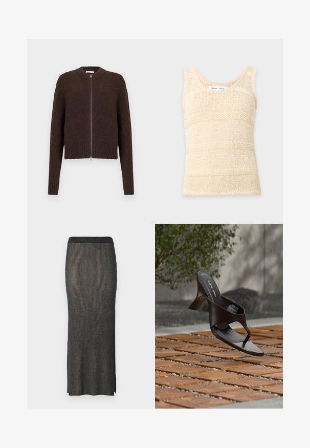 Cardigan zippé en tricot peluche marron foncé avec des manches longues et des bords côtes au niveau des poignets et de l'ourlet, présenté sur un fond clair uni.; Débardeur tricoté sans manches de couleur crème avec un motif à rayures horizontales texturé et un col rond.; Jupe midi en tricot gris foncé avec des côtes verticales, une silhouette ajustée et des fentes à l'ourlet pour plus de liberté de mouvement. Tissu doux et texturé.; Sandale à talon marron Calvin Klein suspendue au-dessus d'un sol extérieur en dalles de bois et gravier avec un arrière-plan flou de verdure et de pierres.