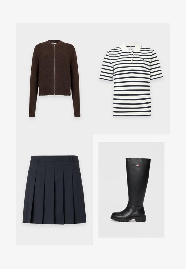 Cardigan zippé en tricot peluche marron foncé avec des manches longues et des bords côtes au niveau des poignets et de l'ourlet, présenté sur un fond clair uni.; Polo à manches courtes rayé blanc et bleu marine avec un col blanc et trois boutons sur le devant.; Jupe plissée bleu foncé avec une ceinture plate, fabriquée en tissu lisse. Elle présente plusieurs plis verticaux et une coupe ajustée.; Bottes noires montantes en cuir lisse avec une semelle en caoutchouc texturée, dotées d'une petite étiquette logo en rouge, blanc et bleu.