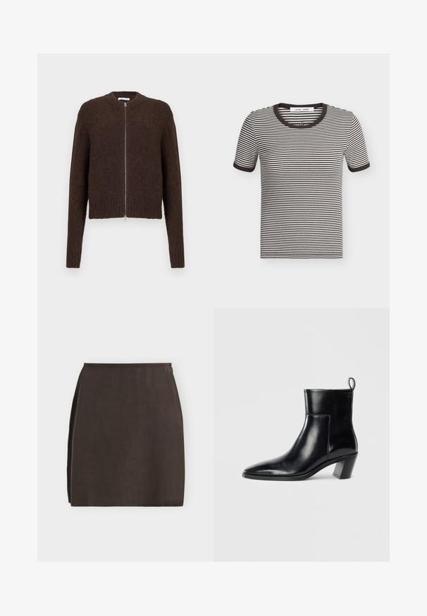 Cardigan zippé en tricot peluche marron foncé avec des manches longues et des bords côtes au niveau des poignets et de l'ourlet, présenté sur un fond clair uni.; T-shirt à manches courtes rayé noir et blanc horizontal avec col et poignets côtelés noirs, posé à plat sur un fond clair.; Jupe trapèze marron foncé longueur genou avec texture lisse et fermeture éclair latérale sur fond clair uni.; Bottine en cuir noir avec un bout pointu, un talon empilé géométrique et une languette à l'arrière. Texture lisse et design épuré.