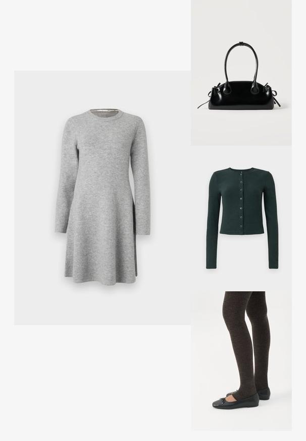 Cardigan côtelé vert foncé à manches longues, col rond et fermeture par bouton sur le devant avec six boutons métalliques.; Robe grise à manches longues en tissu doux ; présente un col rond et une coupe décontractée, s'évasant légèrement à l'ourlet avec des fentes latérales.; Jambes portant des leggings côtelés foncés associés à des ballerines noires avec de petits détails en nœud sur fond blanc.; Petit sac à main noir brillant avec deux longues anses et des détails à cordon sur les côtés sur un fond clair uni.