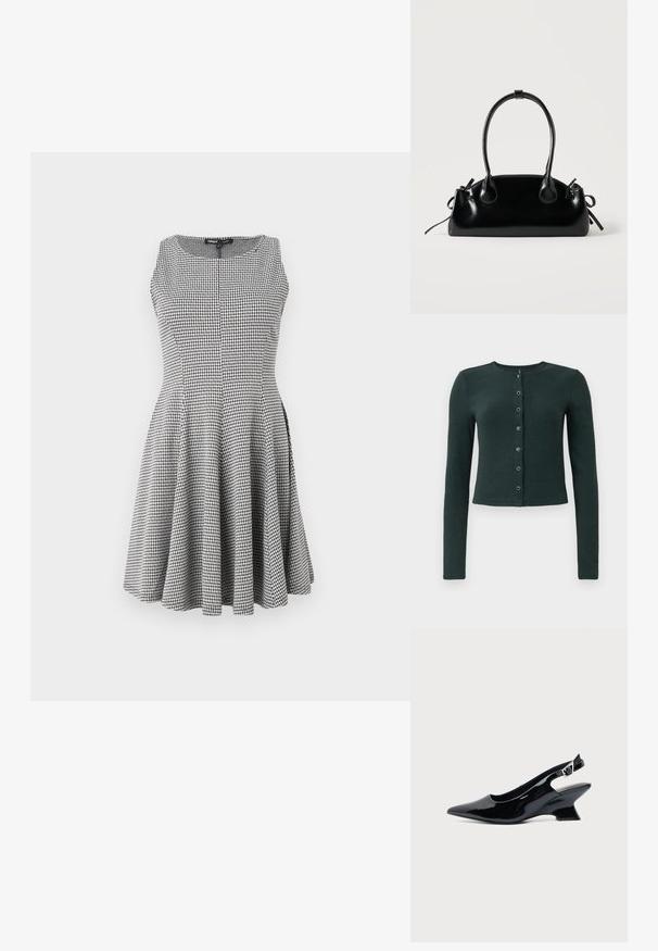 Cardigan côtelé vert foncé à manches longues, col rond et fermeture par bouton sur le devant avec six boutons métalliques.; Robe sans manches à carreaux noir et blanc avec un corsage ajusté et une jupe évasée, texture lisse et détails de couture subtils.; Chaussure slingback en cuir verni noir avec bout pointu et petit talon bloc incliné sur fond clair uni.; Petit sac à main noir brillant avec deux longues anses et des détails à cordon sur les côtés sur un fond clair uni.