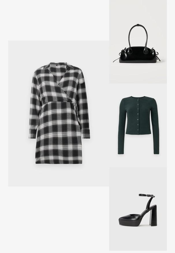 Cardigan côtelé vert foncé à manches longues, col rond et fermeture par bouton sur le devant avec six boutons métalliques.; Robe portefeuille à carreaux noir et blanc avec des manches longues, décolleté en V et un lien à la taille. Tissu doux avec un motif à carreaux dans tout le vêtement.; Escarpins noirs à plateforme avec un bout pointu et une sangle réglable à la cheville. Conçus en cuir lisse, avec un large talon bloc.; Petit sac à main noir brillant avec deux longues anses et des détails à cordon sur les côtés sur un fond clair uni.