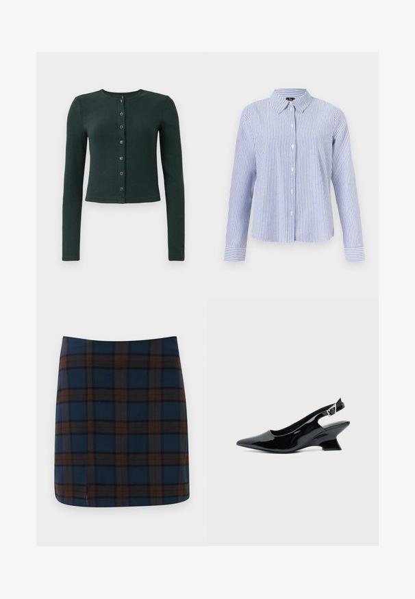 Cardigan côtelé vert foncé à manches longues, col rond et fermeture par bouton sur le devant avec six boutons métalliques.; Chemise à manches longues boutonnée, avec des rayures verticales blanches et bleu clair et un col pointu, présentée sur un fond uni.; Jupe mini en tartan bleu marine avec des lignes marron et grises, fabriquée dans un tissu lisse, avec une fente discrète au dos pour plus de liberté de mouvement.; Chaussure slingback en cuir verni noir avec bout pointu et petit talon bloc incliné sur fond clair uni.