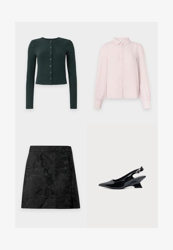 Cardigan côtelé vert foncé à manches longues, col rond et fermeture par bouton sur le devant avec six boutons métalliques.; Chemise rose pâle à manches longues avec col, boutonnage frontal et manches froncées, confectionnée dans un tissu doux à la texture lisse.; Jupe noire avec un motif floral, texture lisse et coupe ajustée. Présente une taille élastiquée et une coupe droite avec une légère évasement.; Chaussure slingback en cuir verni noir avec bout pointu et petit talon bloc incliné sur fond clair uni.