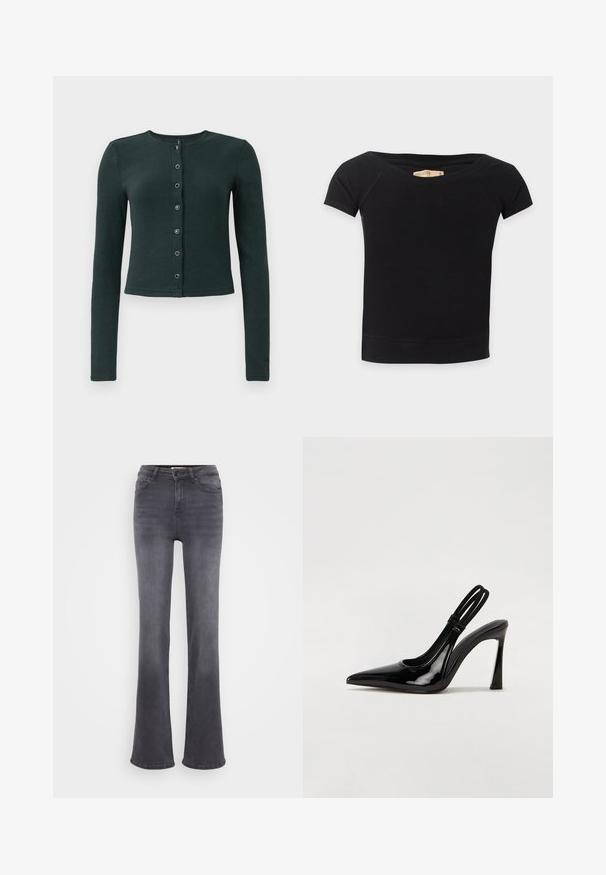 Mørkegrøn, ribbet cardigan med lange ærmer, rund halsudskæring og knaplukning foran med seks metalknapper.; Sort, tætsiddende T-shirt med korte ærmer, bred, off-shoulder-udskæring og et Hollister-mærkat indeni kraven.; Grå buksede jeans lavet af denim, med høj talje, fem lommer og knaplukning. Glat tekstur med subtile falmende detaljer.; Sorte patenterede lædersædler med spidse tæer, slank høj hæl og dobbelt elastisk rem for sikker pasform. Glat, skinnende overflade.