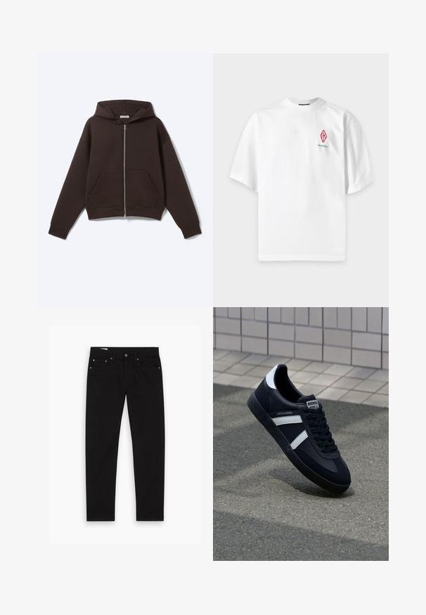 Μαύρο hoodie με φερμουάρ μπροστά, τσέπες και κουκούλα, τοποθετημένο επίπεδα σε λευκό φόντο.; Λευκό κοντομάνικο T-shirt με κόκκινο γεωμετρικό λογότυπο και μικρό κείμενο στο αριστερό στήθος, εμφανίζεται σε απλό φόντο.; Μαύρα τζιν με ίσια γραμμή, με μπροστινές και πίσω τσέπες, θηλάκια για ζώνη και κλείσιμο με κουμπί και φερμουάρ, απλωμένα σε λευκό φόντο.; Μαύρα δερμάτινα αθλητικά παπούτσια με λευκές ρίγες, υφασμάτινη σόλα από καουτσούκ και κορδόνια. Διαθέτουν λογότυπο στη γλώσσα του παπουτσιού.