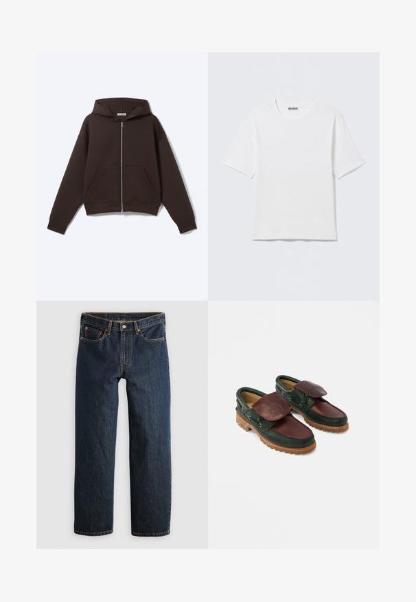 Sort lynlås-hoodie med forlommer og hætte, lagt fladt på en hvid baggrund.; Hvid, kortærmet t-shirt med rund hals og et lille "WEEKDAY"-mærke på indersiden af bagkraven, vist på en flad overflade.; Mørkeblå denimjeans med en lige ben-snit. Har fem lommer, kontrastsyning og knaplukning i taljen.; Lædersko med en mørkegrøn krop og en burgunderrød top, rund tå, fastgjort klap og tekstureret gummisål med riller.