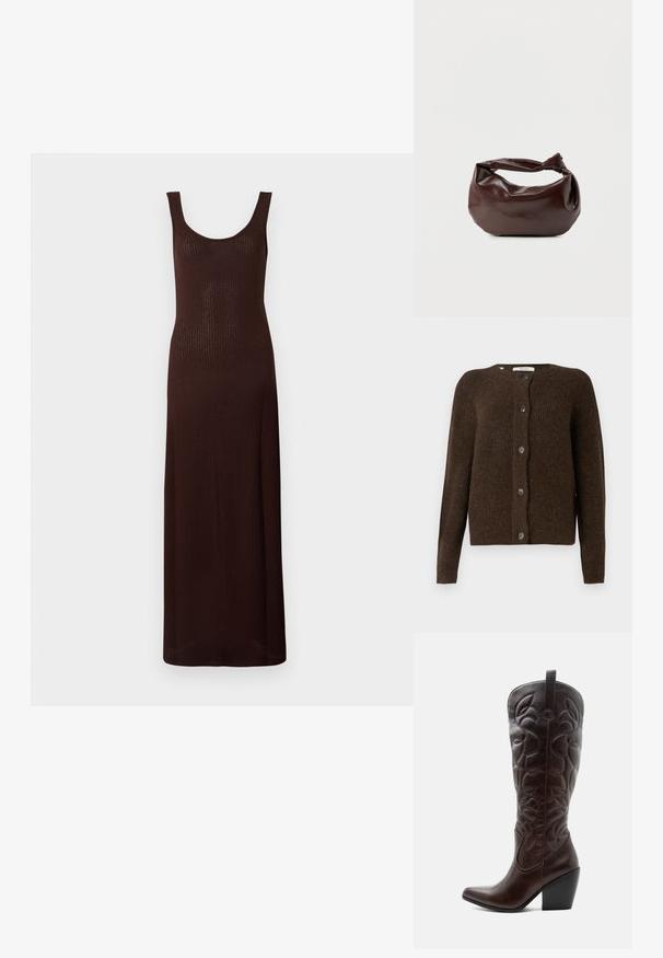 Brun strikket cardigan lavet af blødt materiale, med rund halsudskæring, forreste knapper og lange ærmer. Struktureret finish hele vejen igennem.; Brun ribbet maxikjole med rund udskæring og ærmeløs design, der har en tætsiddende silhuet og glat tekstur.; Høj mørkebrun læder cowboystøvle med syede dekorative mønstre, spids tå og stablet blokhæle.; Mørkebrun læder skuldertaske med en blød, afslappet form og et snoet knudehåndtag på en ensartet hvid baggrund.