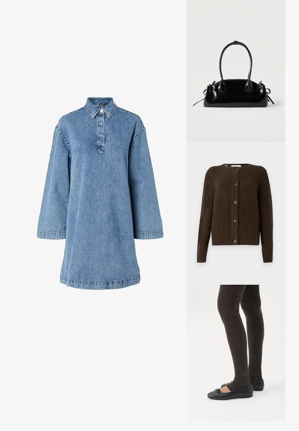 Brun strikket cardigan lavet af blødt materiale, med rund halsudskæring, forreste knapper og lange ærmer. Struktureret finish hele vejen igennem.; Lysblå denimkjole med spids krave, lange ærmer og knaplukning. Har en afslappet pasform og struktureret stof.; Ben iført mørke ribbede leggings kombineret med sorte balletsko med små sløjfedetaljer på hvid baggrund.; Lille sort blank håndtaske med to lange håndtag og snøre-detaljer i siden på en ensfarvet lys baggrund.