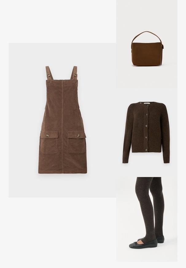 Brun strikket cardigan lavet af blødt materiale, med rund halsudskæring, forreste knapper og lange ærmer. Struktureret finish hele vejen igennem.; Brun fløjl overallkjole med justerbare stropper, to forlommer og en centralseam. Struktureret stof med et blødt udseende.; Ben iført mørke ribbede leggings kombineret med sorte balletsko med små sløjfedetaljer på hvid baggrund.; Brun rektangulær skuldertaske med et enkelt bredt bærehåndtag og spænde detaljer, sat på en ensfarvet hvid baggrund.