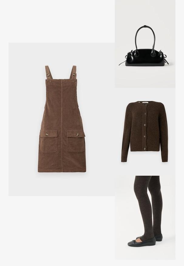 Brun strikket cardigan lavet af blødt materiale, med rund halsudskæring, forreste knapper og lange ærmer. Struktureret finish hele vejen igennem.; Brun fløjl overallkjole med justerbare stropper, to forlommer og en centralseam. Struktureret stof med et blødt udseende.; Ben iført mørke ribbede leggings kombineret med sorte balletsko med små sløjfedetaljer på hvid baggrund.; Lille sort blank håndtaske med to lange håndtag og snøre-detaljer i siden på en ensfarvet lys baggrund.