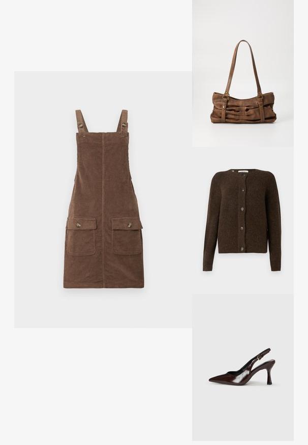 Brun strikket cardigan lavet af blødt materiale, med rund halsudskæring, forreste knapper og lange ærmer. Struktureret finish hele vejen igennem.; Brun fløjl overallkjole med justerbare stropper, to forlommer og en centralseam. Struktureret stof med et blødt udseende.; Brune patenterede læderslingback-sandaletter med spids tå, en tynd hæl og justerbar rem med en lille spænde.; Even&Odd Håndtasker - brown