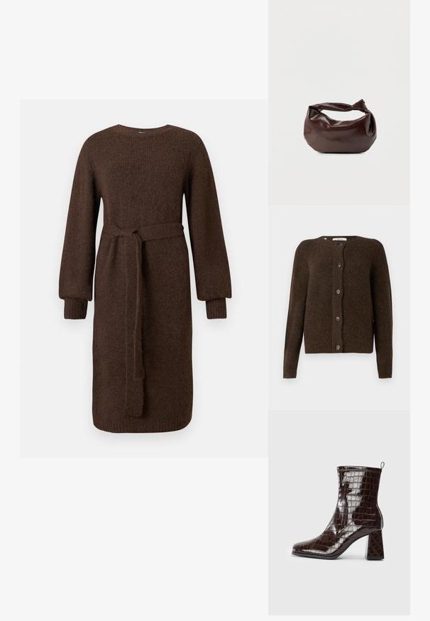 Brun strikket cardigan lavet af blødt materiale, med rund halsudskæring, forreste knapper og lange ærmer. Struktureret finish hele vejen igennem.; Langærmet brun strikkjole med ribbede manchetter og aftageligt livbånd, knælang, enkel rund halsudskæring.; Mørkebrun patentlæder ankelstøvle med krokodillemønster, blokhæl og trækstrop bagpå mod hvid baggrund.; Mørkebrun læder skuldertaske med en blød, afslappet form og et snoet knudehåndtag på en ensartet hvid baggrund.