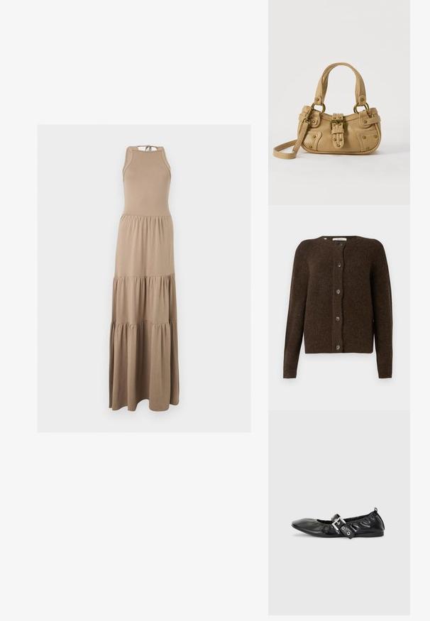 Brun strikket cardigan lavet af blødt materiale, med rund halsudskæring, forreste knapper og lange ærmer. Struktureret finish hele vejen igennem.; Ærmeløs beige maxi kjole med halterneck og trelags samlet nederdel, vist på en ensfarvet baggrund.; Sorte læder flade sko med spids tå, samling detaljer omkring åbningen, og en sølv spænde accent på den justerbare rem.; Beige læderhåndtaske med dobbelte håndtag, messing spænde og nitte detaljer samt en justerbar skulderrem mod en hvid baggrund.