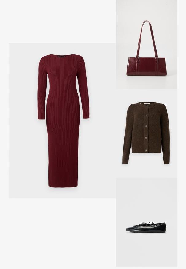 Brun strikket cardigan lavet af blødt materiale, med rund halsudskæring, forreste knapper og lange ærmer. Struktureret finish hele vejen igennem.; Bordeaux ribbet strikket maxikjole med lange ærmer og bådudskæring, der har en tætsiddende silhuet og subtil tekstur over det hele.; Sort spids flad sko med snørebånd foran og øjet detaljer langs kanterne, vist på en hvid baggrund.; Bordeaux håndtaske lavet af glansfuldt materiale, rektangulær form, med to skulderremme og subtile buede detaljer på forsiden.