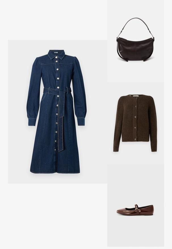 Cárdigan marrón de punto hecho de material suave, con cuello redondo, botones en la parte delantera y mangas largas. Acabado texturizado en toda la prenda.; Vestido de denim azul oscuro con mangas largas, cierre de botones en la parte delantera, cuello y un cinturón a juego en la cintura; presenta costuras sutiles y bolsillos.; Bailarina de charol marrón con punta cuadrada y tira que presenta una pequeña hebilla dorada. Textura suave, tacón bajo y diseño minimalista.; Bolso de hombro de cuero marrón oscuro con forma curvada, textura suave y una sola correa ajustable. Cuenta con un cierre de cremallera.