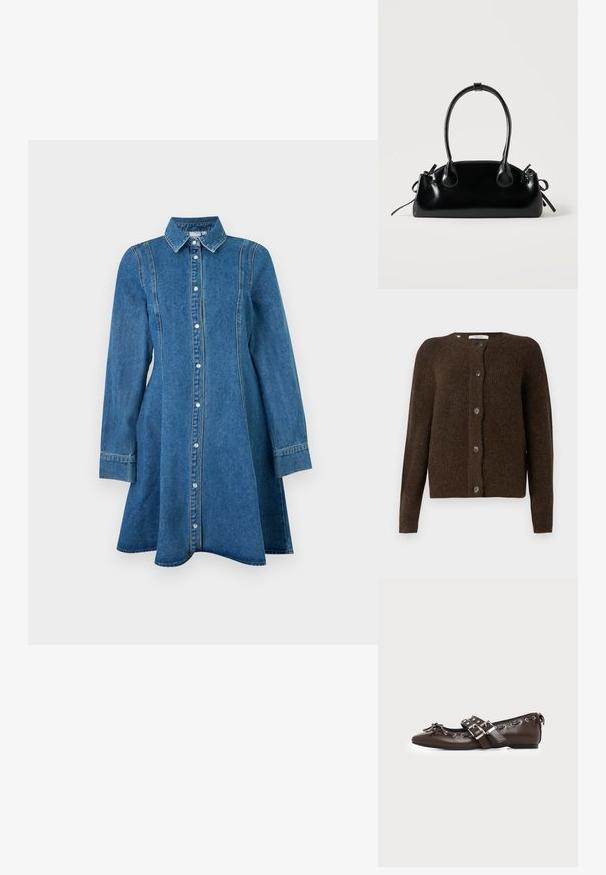 Brun strikket cardigan lavet af blødt materiale, med rund halsudskæring, forreste knapper og lange ærmer. Struktureret finish hele vejen igennem.; Blå denim kjole med lange ærmer, krave, knaplukning foran og sømdetaljer, der flaner let ved kanten.; Mørkebrune lædersko med flad sål og spids snude, dobbelt sølvsnørrebånd, metaløjer og dekorativ sløjfe foran.; Lille sort blank håndtaske med to lange håndtag og snøre-detaljer i siden på en ensfarvet lys baggrund.