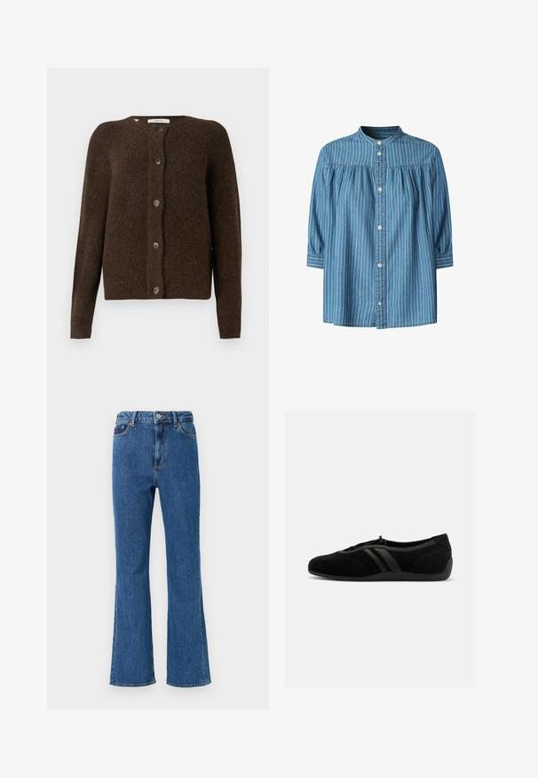 Bruine gebreide cardigan van zachte stof, met een ronde halslijn, knopen aan de voorkant en lange mouwen. Geproduceerd met een gestructureerde afwerking.; Blauwe denim blouse met verticale witte strepen, geplooide yoke, knoopsluiting aan de voorkant, mandarijnkraag en driekwartmouwen met knoopmanchetten.; Hoge taille, uitlopende jeans van blauwe denim. Kenmerken zijn een knoopsluiting, voorzakken en minimale stikseldetails.; Zwarte suède instapschoen met ronde neus, elastische trekkoordsluiting, twee leren zijstrepen en platte rubberen zool.