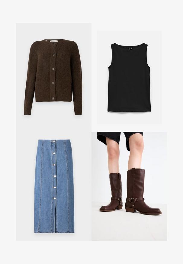 Brun strikket cardigan lavet af blødt materiale, med rund halsudskæring, forreste knapper og lange ærmer. Struktureret finish hele vejen igennem.; Sort ærmeløs tanktop med rund halsudskæring, vist fladt på hvid baggrund.; Lysblå denimnederdel med lige silhuet. Har en frontlukning med knapper, lodret syning og rå kant forneden.; Brune læder knæhøje støvler med rund tå, struktureret overflade, ankelrem og sølvhardware detaljer; stablet hæl.