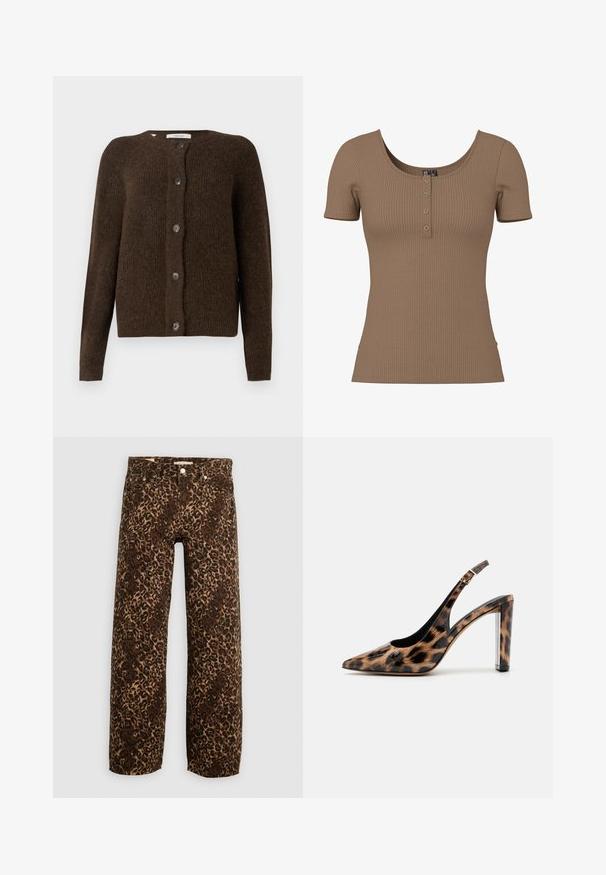 Brun strikket cardigan lavet af blødt materiale, med rund halsudskæring, forreste knapper og lange ærmer. Struktureret finish hele vejen igennem.; Brun kortærmet top med ribbet tekstur, rund halsudskæring og fire små, runde sølvknapper på frontstykke.; Bordeaux og tan leopardprint brede benjeans. Fremstillet af denim, med et klassisk fem-lomme design og metalhardwaredetaljer.; Sandalet med leopardprint, spids tå og gennemsigtig blokhæl. Lavet af blankt materiale med en glat overflade.