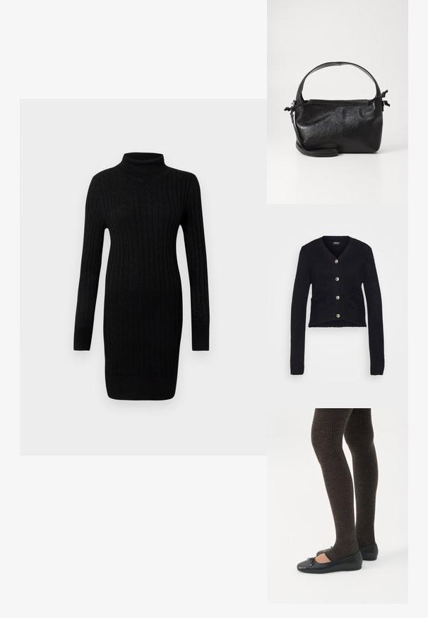Sort cropped cardigan lavet af struktureret strikstof. Har v-hals, lange ærmer og knapper i guldfarve med to frontlommer.; Sort kabelstrik langærmet tørklæde sweaterkjole med ribbede manchetter og kant på en neutral hvid baggrund.; Ben iført mørke ribbede leggings kombineret med sorte balletsko med små sløjfedetaljer på hvid baggrund.; Sort læderhåndtaske med et struktureret design, rund tophåndtag og aftagelig skulderrem. Den har en glat tekstur og en subtil glans.