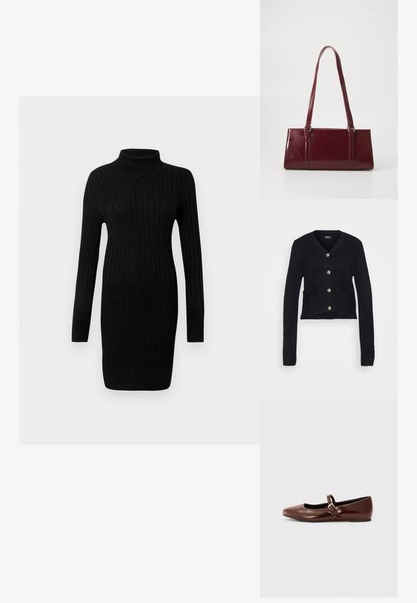 Sort cropped cardigan lavet af struktureret strikstof. Har v-hals, lange ærmer og knapper i guldfarve med to frontlommer.; Sort kabelstrik langærmet tørklæde sweaterkjole med ribbede manchetter og kant på en neutral hvid baggrund.; Brun patentlæder balletflade med firkantet tå og strop med en lille guldbuckle. Glat tekstur, lav hæl og minimalistisk design.; Bordeaux håndtaske lavet af glansfuldt materiale, rektangulær form, med to skulderremme og subtile buede detaljer på forsiden.
